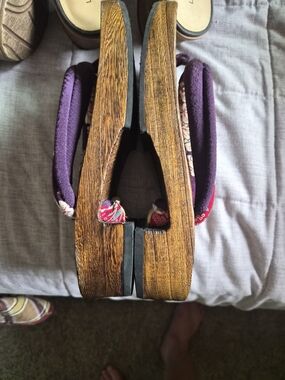 Source Unknown Purple and Brown Wood Platform Clogs